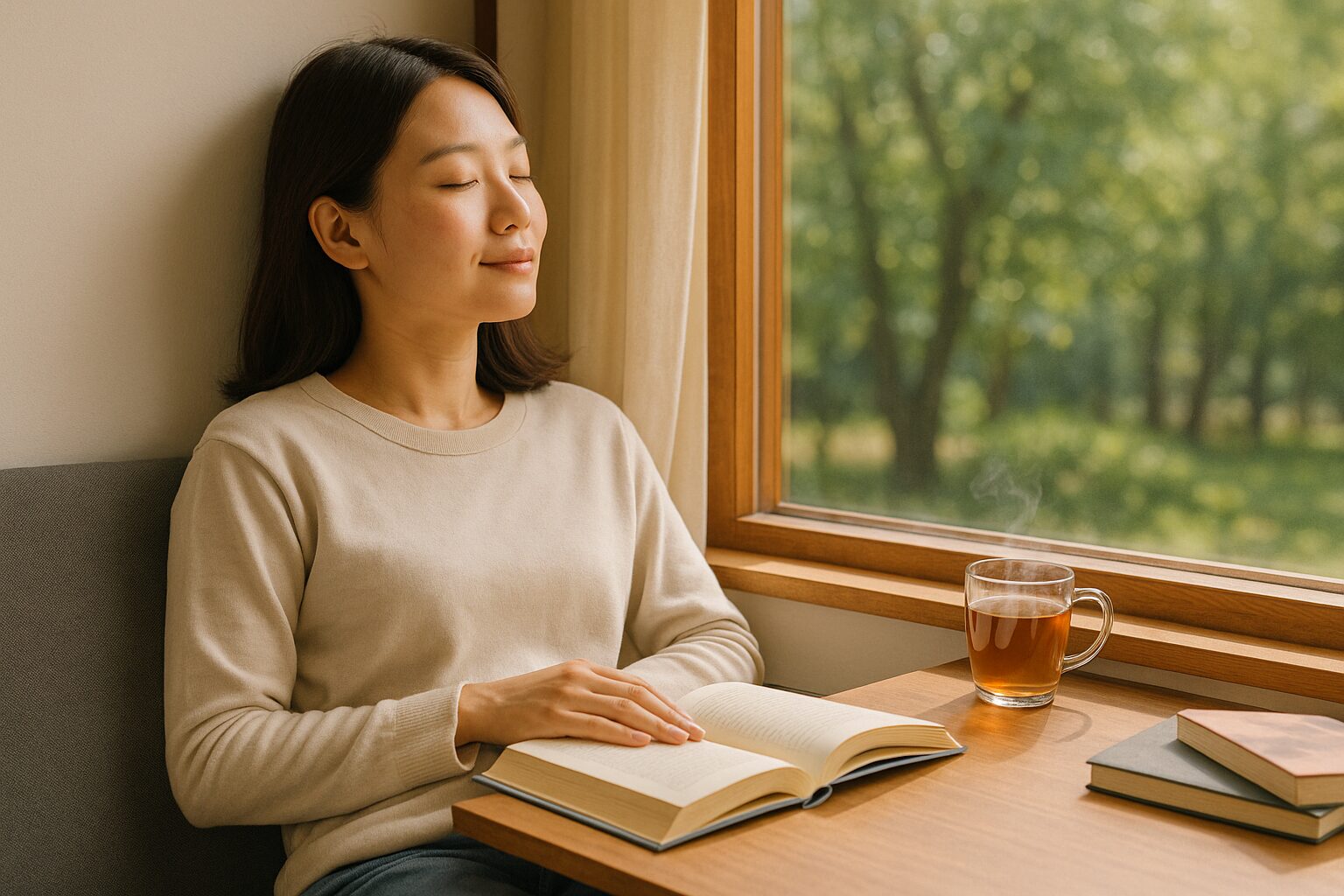 독서 슬럼프 극복: 책을 잠시 덮어두고 창밖을 보며 휴식하는 모습