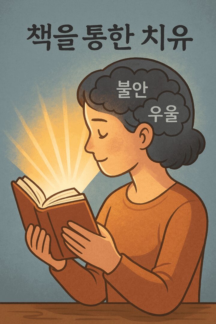 비블리오테라피: 한 사람이 책을 읽자, 책 속의 글자들이 따뜻한 빛이 되어 불안하고 우울했던 마음(뇌)을 감싸고 치유하는 모습