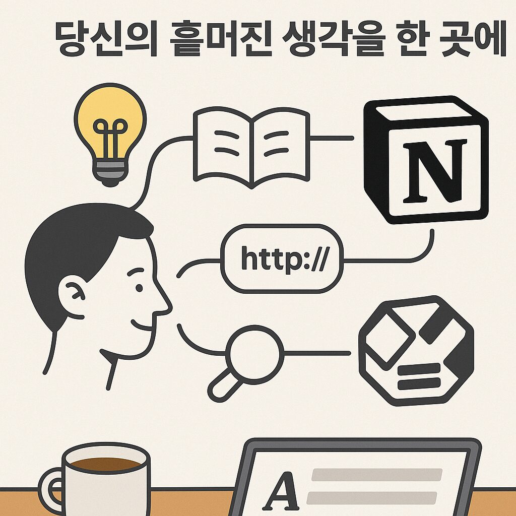 노션 활용법: 당신의 뇌를 복사-붙여넣기 하는 '두 번째 뇌' 만들기 생산성 향상을 위한 노션 활용법: 사람의 뇌와 노션 로고가 연결되어 아이디어와 정보가 노션으로 이동하는 인포그래픽