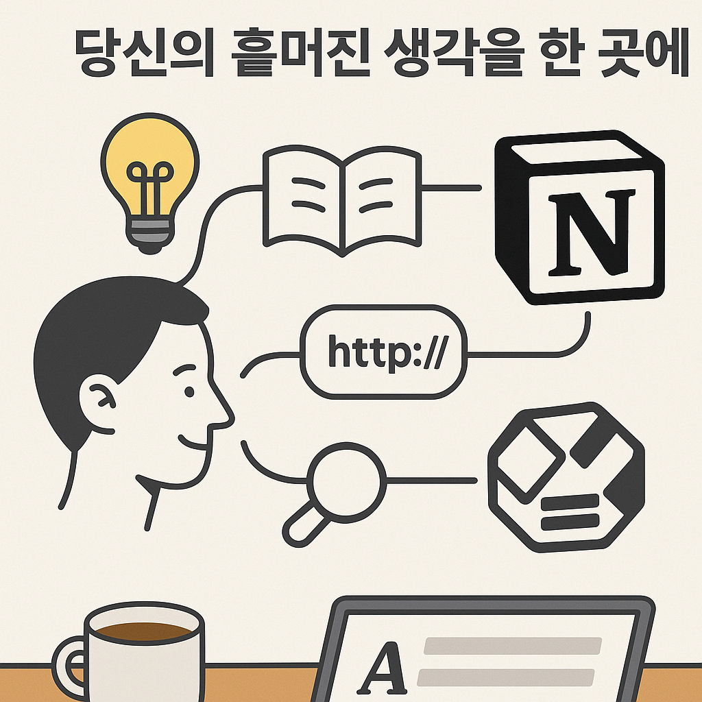 생산성 향상을 위한 노션 활용법: 사람의 뇌와 노션 로고가 연결되어 아이디어와 정보가 노션으로 이동하는 인포그래픽