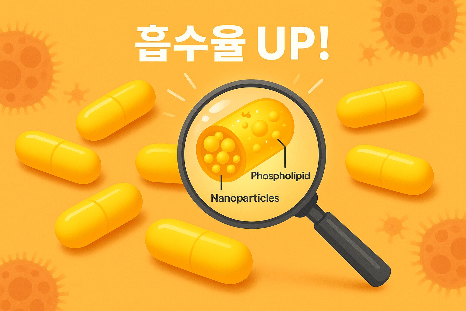 커큐민 흡수율 비교: 일반 커큐민 가루가 체내 장벽을 거의 통과하지 못하는 모습과, 흡수율이 개선된 커큐민(테라큐민 등) 입자가 장벽을 훨씬 많이 통과하여 혈류로 흡수되는 모습 비교