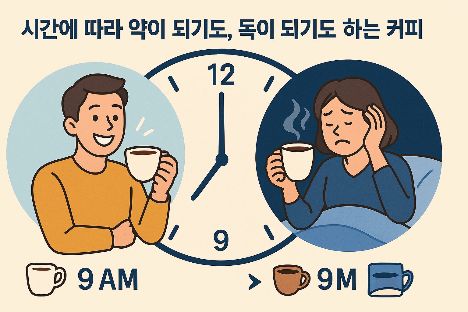 커피 마시는 시간의 중요성: 시계의 아침 9시 구간에는 활기찬 뇌의 모습이, 밤 9시 구간에는 피곤한 뇌의 모습이 그려져 커피 타이밍의 중요성을 보여주는 이미지