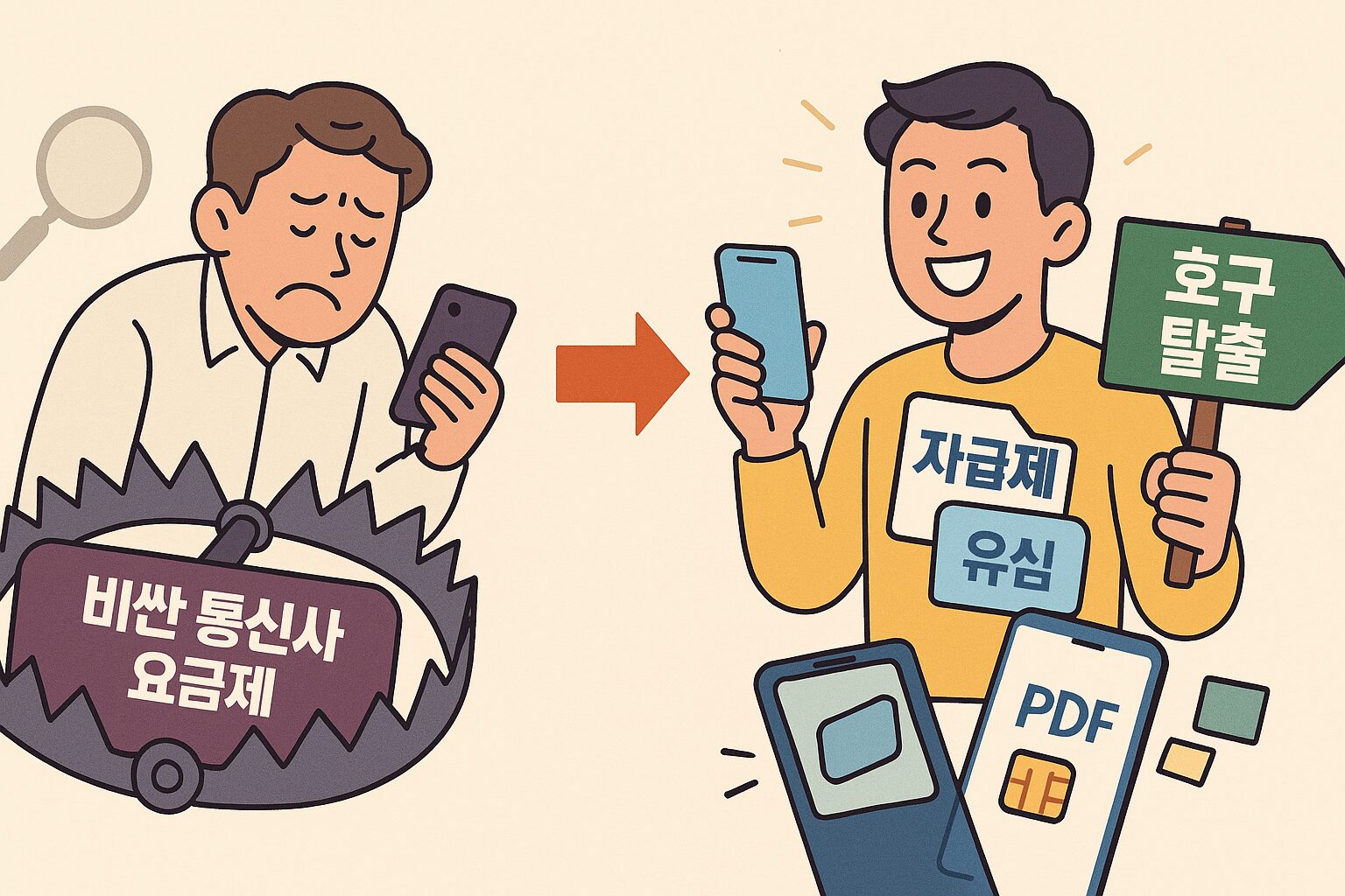 알뜰폰 자급제 모르면 호구! 통신비 월 5만원 아끼는 마법의 공식 알뜰폰 자급제 조합: 한 손에는 최신 스마트폰(자급제)을, 다른 한 손에는 저렴한 유심(알뜰폰)을 들고 통신비가 절약되는 모습을 보여주는 인포그래픽