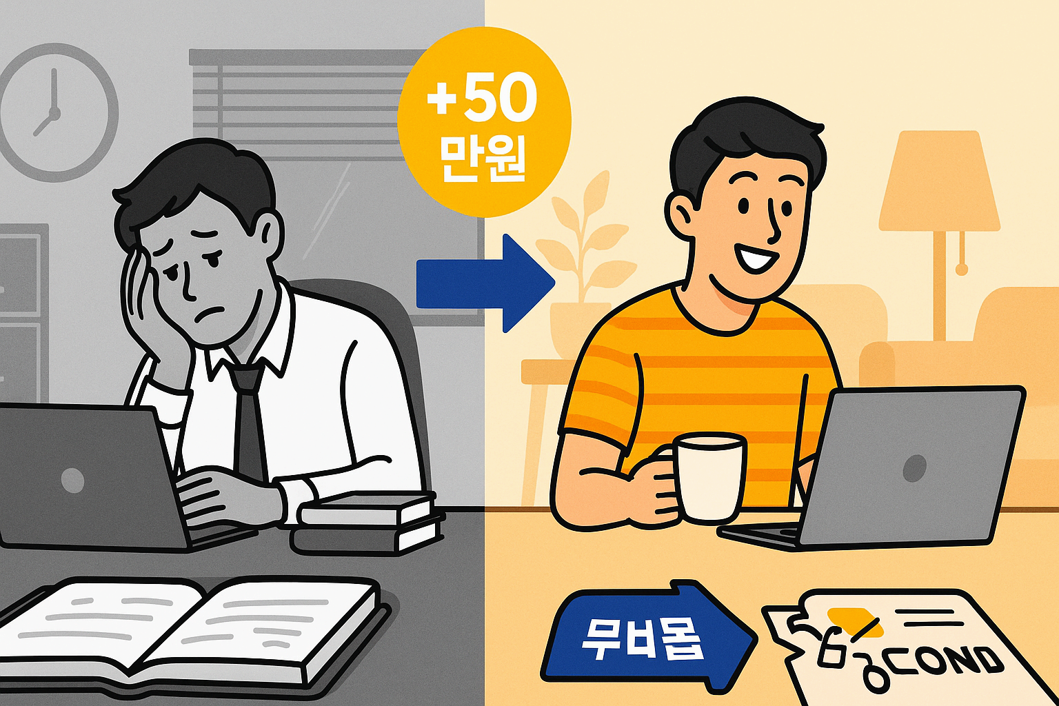 퇴근 후 책상에 앉은 직장인이 노트북으로 부업을 하며, 월급 통장 외에 '+50만원'이라고 적힌 별도의 수입 파이프라인을 만드는 모습의 인포그래픽