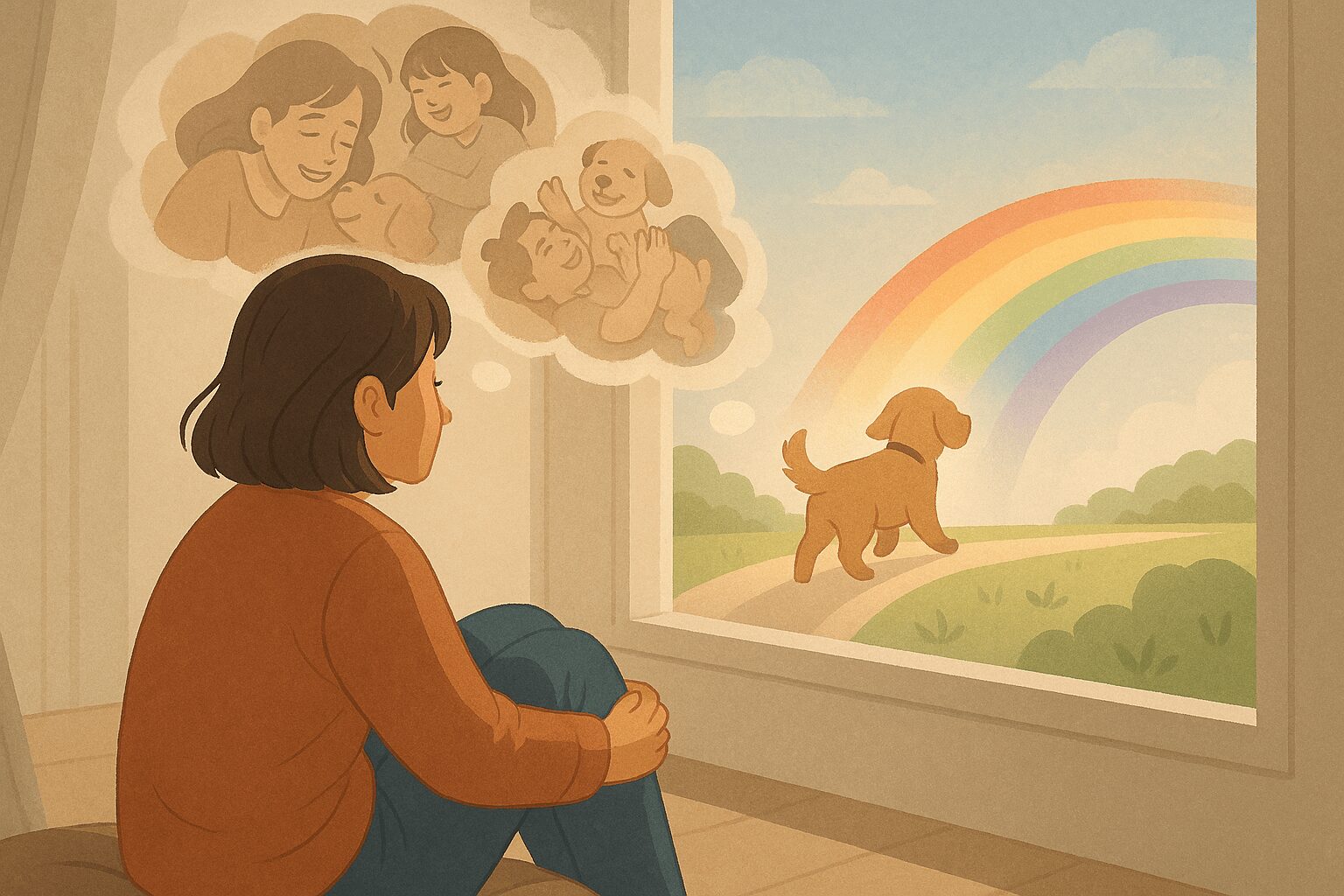 펫로스 증후군: "내가 더 잘했더라면..." 죄책감에서 벗어나는 4가지 방법 펫로스 증후군 극복하기: 한 사람이 무지개다리를 건너는 반려동물의 뒷모습을 바라보며, 함께했던 행복한 기억들을 떠올리는 모습