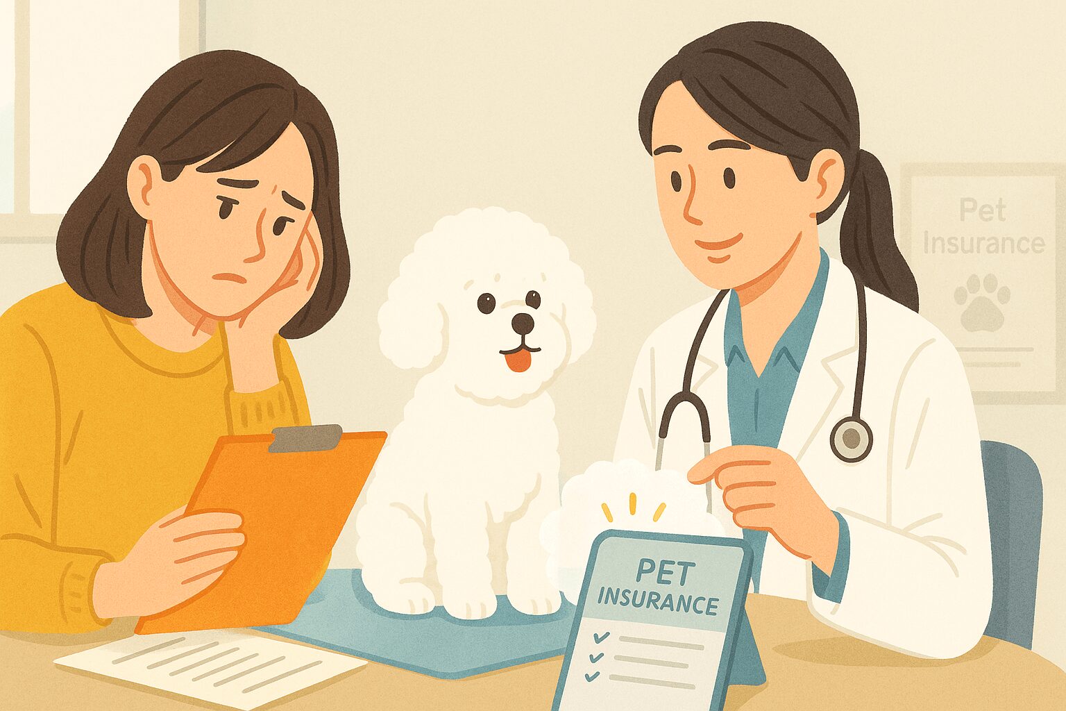 펫보험 필요성을 고민하는 반려인과 곁에 앉아있는 귀여운 강아지