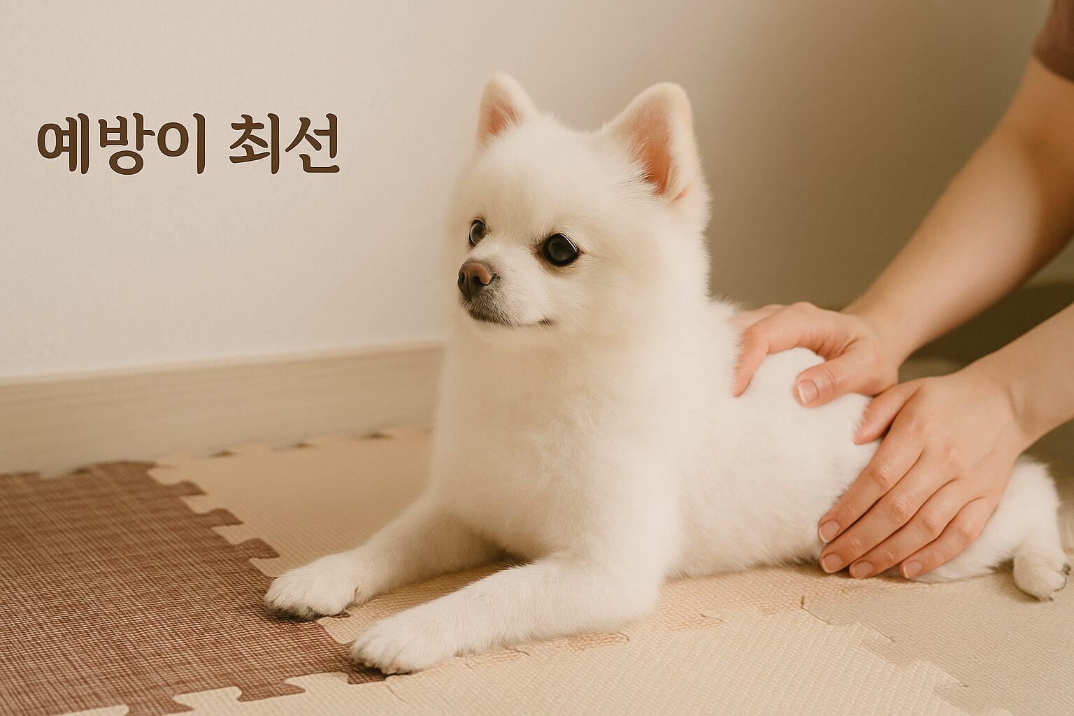 '포메라니안 슬개골 탈구' 예방법: 미끄럼 방지 매트 위에서 보호자와 교감하며 뒷다리 마사지를 받고 있는 행복한 표정의 포메라니안
