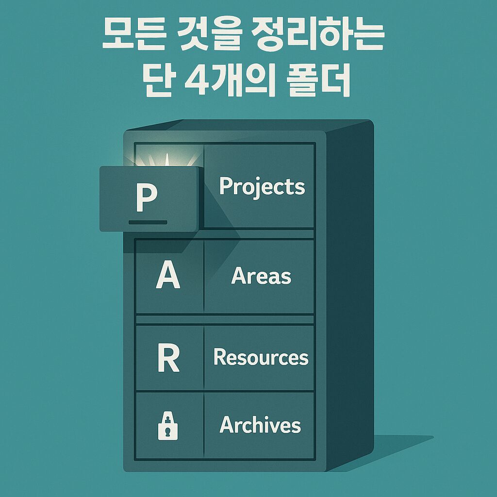 PARA 메소드: 일 잘하는 사람들은 절대 모르게 쓰는 폴더 정리의 비밀 PARA 메소드의 네 가지 핵심 요소(프로젝트, 영역, 리소스, 보관)를 나타내는 4분할 다이어그램 인포그래픽