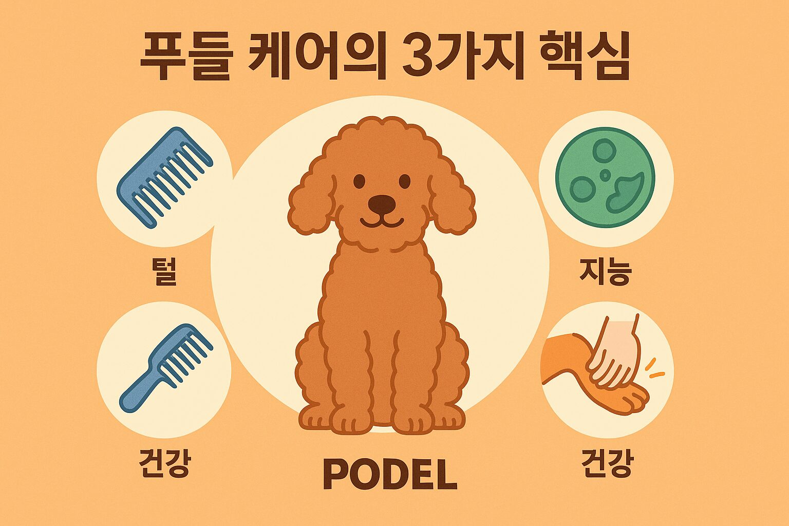 푸들 관리법: 털 엉킴, 슬개골 탈구 걱정 끝! 견주 필독 3대 원칙 '푸들 관리법' 3가지 핵심: 엉킨 털을 빗질하는 모습, 슬개골 마사지를 해주는 모습, 노즈워크 장난감을 가지고 노는 모습을 한 이미지에 보여주는 인포그래픽