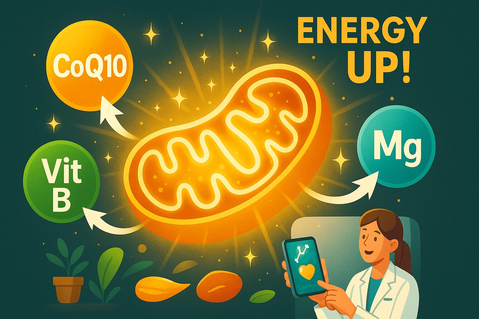 미토콘드리아 영양 요법: 건강하고 활발하게 에너지를 생산하는 미토콘드리아(밝은 빛)와 손상되고 기능이 저하되어 에너지를 제대로 만들지 못하는 미토콘드리아(어둡고 찌그러진 모습) 비교 이미지