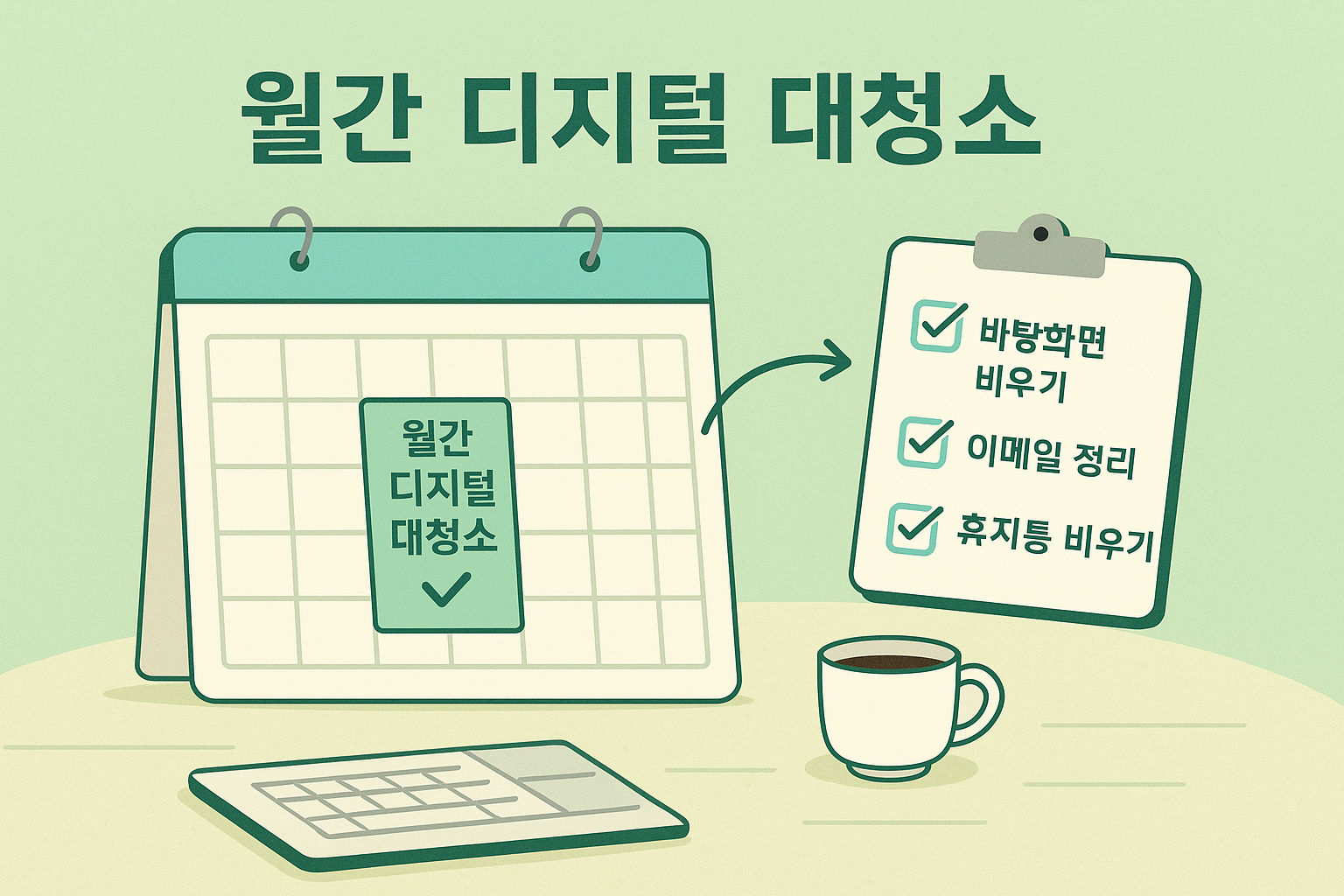 달력에 '디지털 대청소의 날'이라고 표시된 날짜와 함께, 그날 해야 할 일(바탕화면 정리, 이메일 정리 등)이 체크리스트 아이콘으로 나열된 인포그래픽
