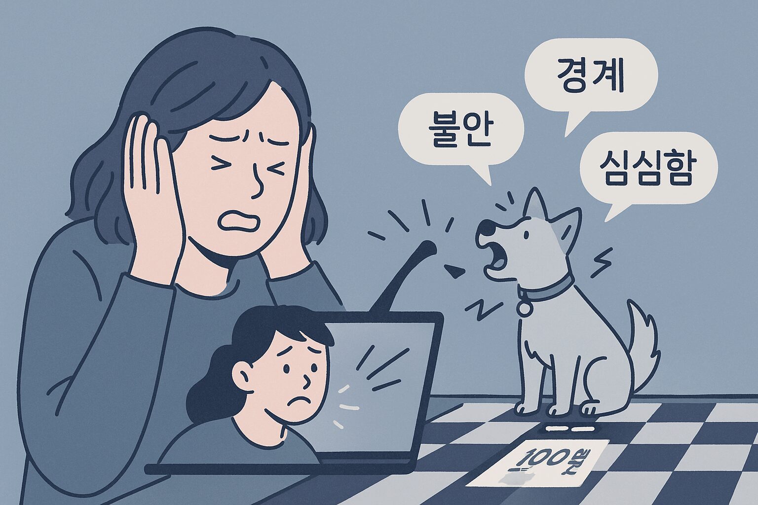 강아지 헛짖음: 아파트에서 100% 성공하는 원인별 훈련법 4단계 '강아지 헛짖음' 원인 분석: 강아지가 불안, 경계, 요구 등 5가지 다른 이유로 짖는 모습을 각각 보여주는 인포그래픽