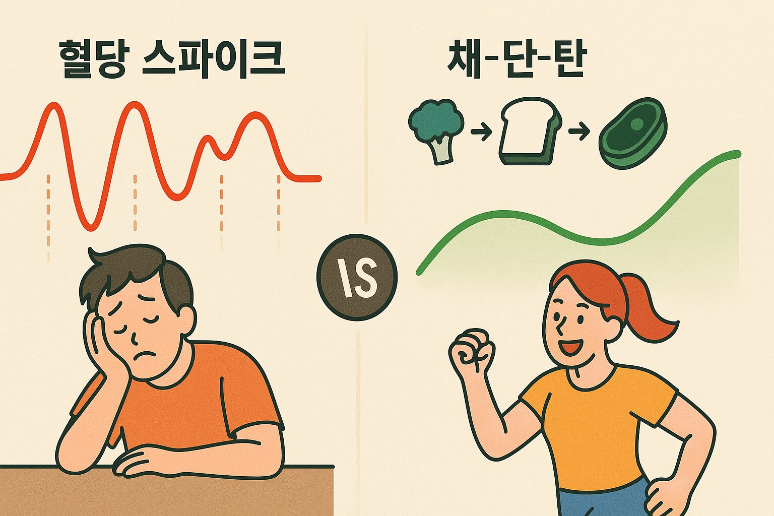 혈당 스파이크: 점심만 먹으면 피곤한 당신, '식사 순서'부터 바꿔보세요 '혈당 스파이크'를 막는 식사 순서: 롤러코스터처럼 급상승 후 추락하는 혈당 그래프와, 채소-단백질-탄수화물 순서로 식사하여 완만한 곡선을 그리는 혈당 그래프를 비교한 인포그래픽