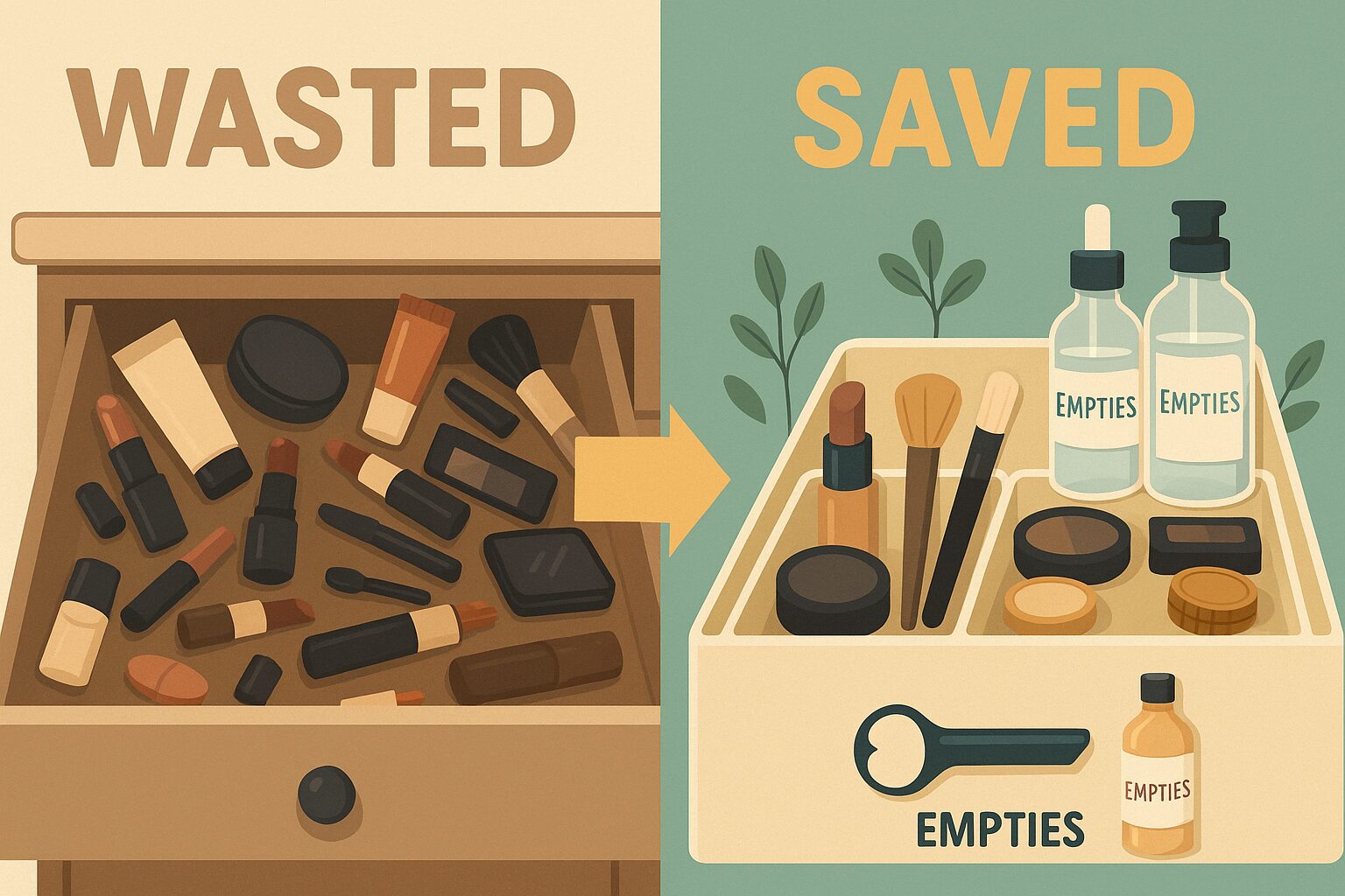 화장품 절약, '공병템'에 정착하면 쉬워져요 (화장품 유목민 필독) 화장품 절약: 한쪽에는 세일 문구에 현혹되어 수많은 화장품을 사는 모습, 다른 쪽에는 자신에게 맞는 '공병템' 몇 가지만을 만족스럽게 사용하는 모습을 대비시킨 이미지