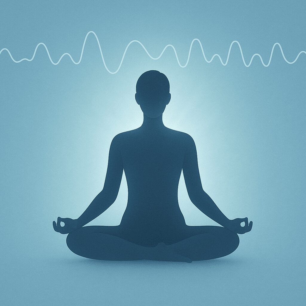 10분 명상 중인 사람의 평온한 모습과 과학적 뇌파를 시각화한 이미지