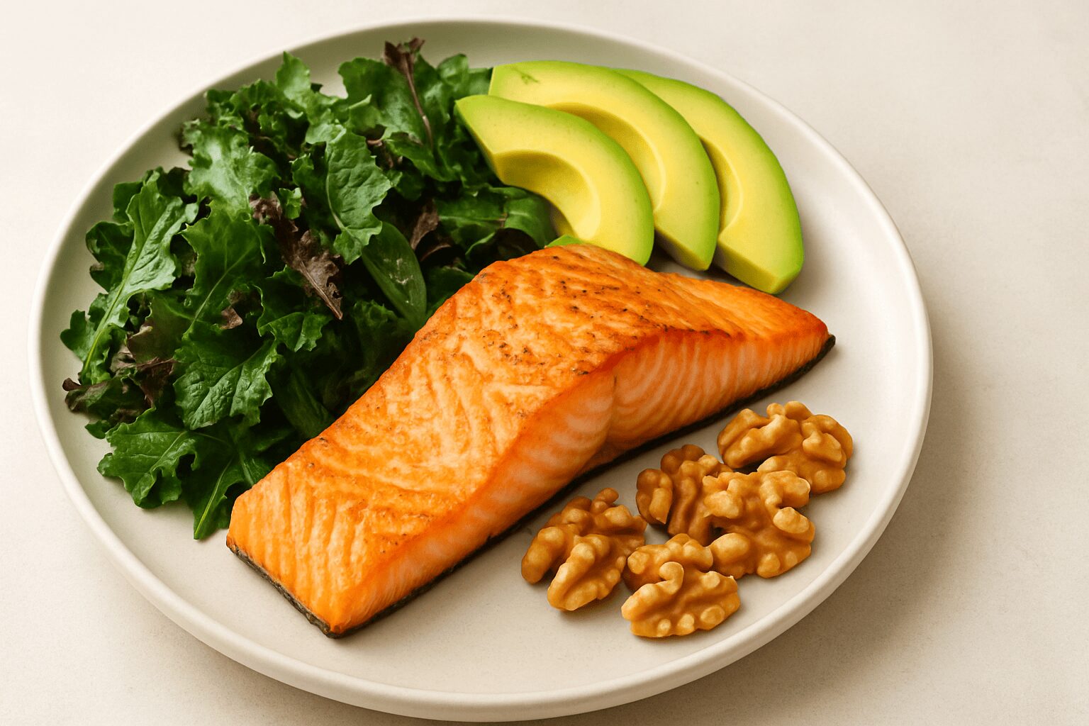 신선한 채소와 건강한 지방으로 구성된 대사 리셋 식단 접시 실사 사진