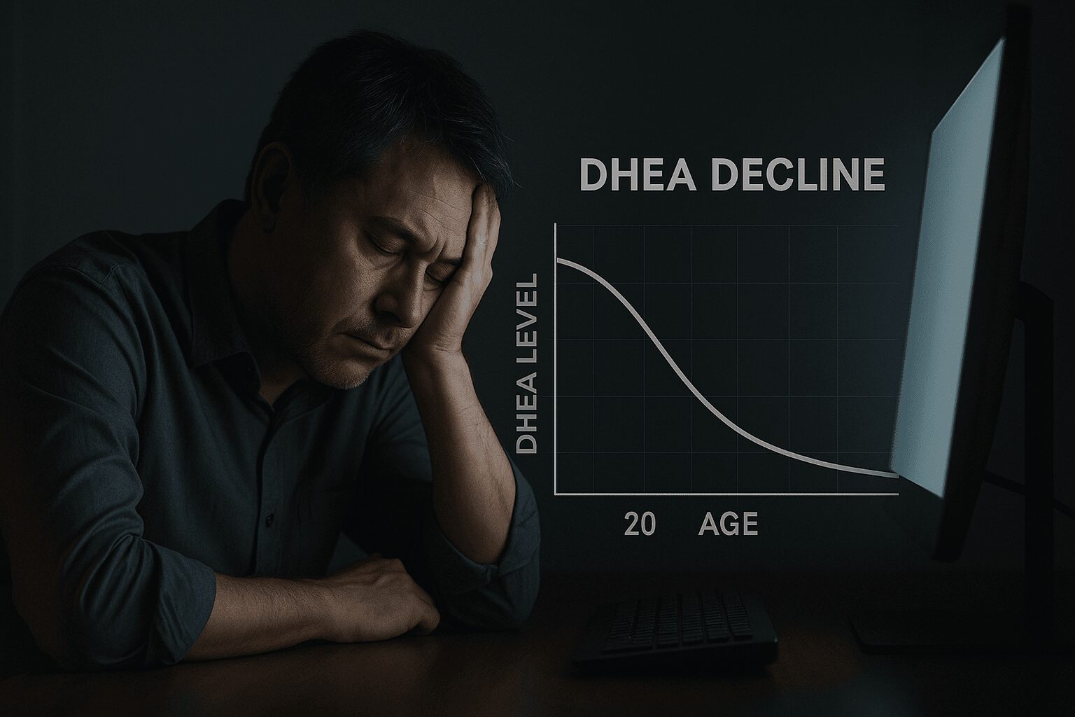 **40대 남성 갱년기 | 운동해도 피곤하다면 남성 호르몬이 아니라 DHEA 부족입니다** 40대 남성 갱년기 초기 증상인 피로를 겪는 남성의 모습과 DHEA 호르몬 수치를 보여주는 그래프