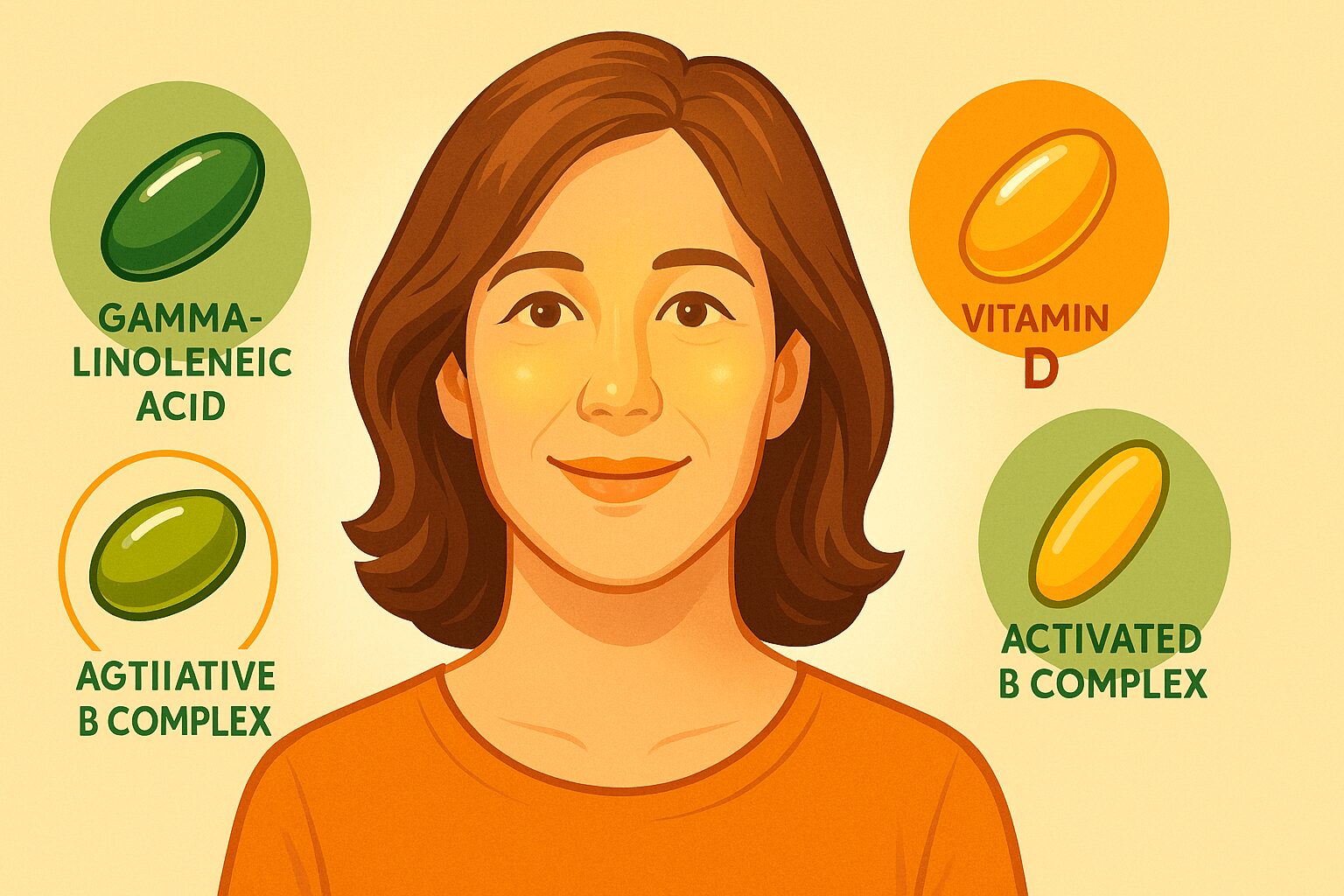 40대 여성 영양제 필수 영양제 5가지, 갱년기·피로·호르몬 밸런스 해결 40대 여성의 호르몬 균형과 건강을 상징하는 필수 영양제 캡슐 이미지