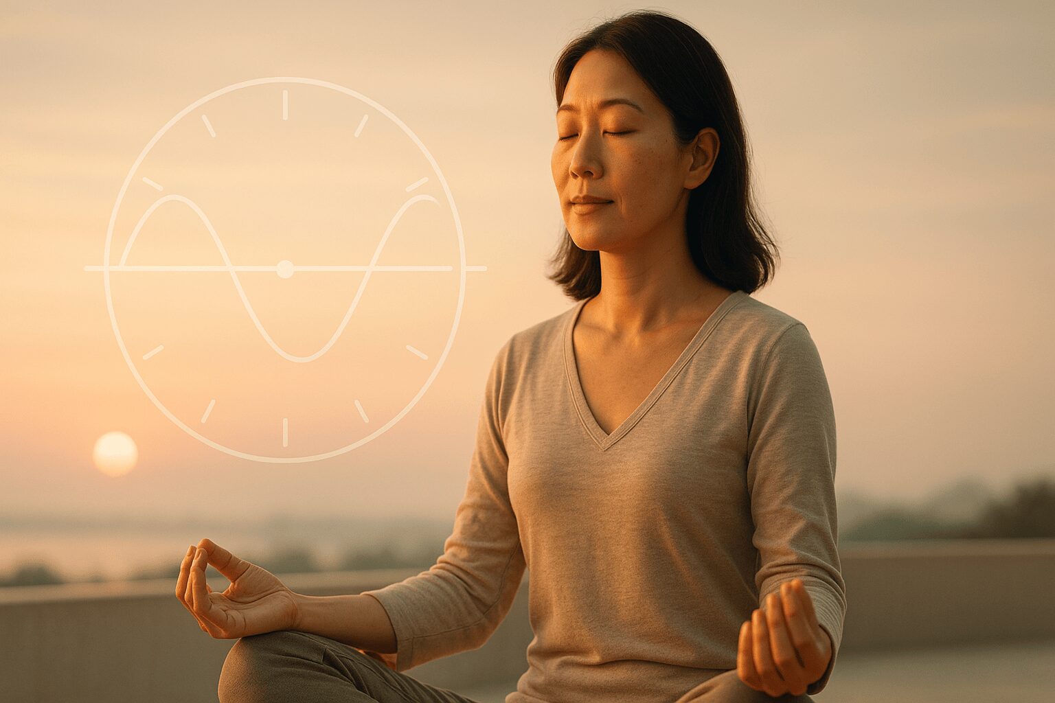 40대 여성이 평화롭게 명상하는 모습과 호르몬 균형을 상징하는 시계 그래픽
