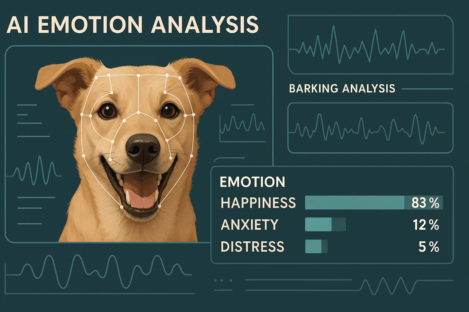 AI 감정 분석 기술이 강아지의 표정, 짖는 소리, 행동 데이터를 분석하여 행복, 불안, 고통 등의 감정을 수치로 표시하는 미래형 인터페이스 사진