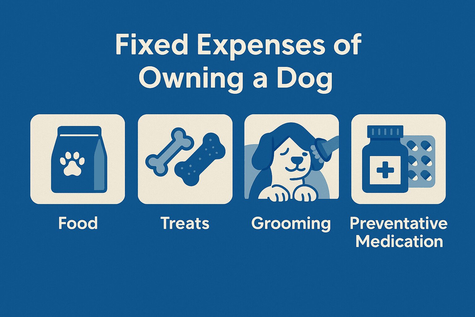 강아지 양육 비용 중 고정비(사료, 간식, 미용, 예방약) 항목 인포그래픽