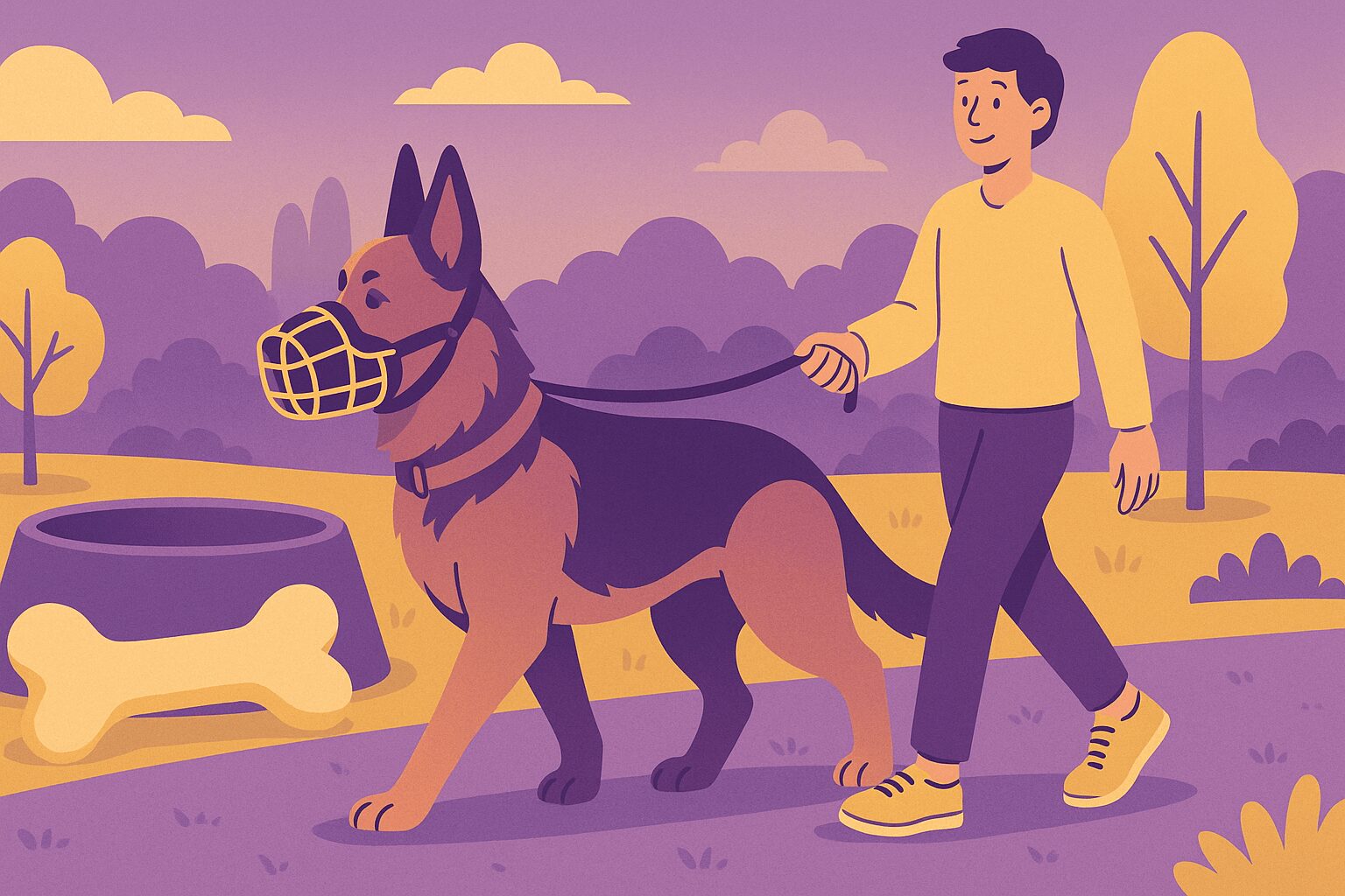 강아지 입마개 법적 기준을 상징하듯, 멋진 대형견(셰퍼드)이 긍정 훈련용 입마개를 착용하고 산책하는 모습