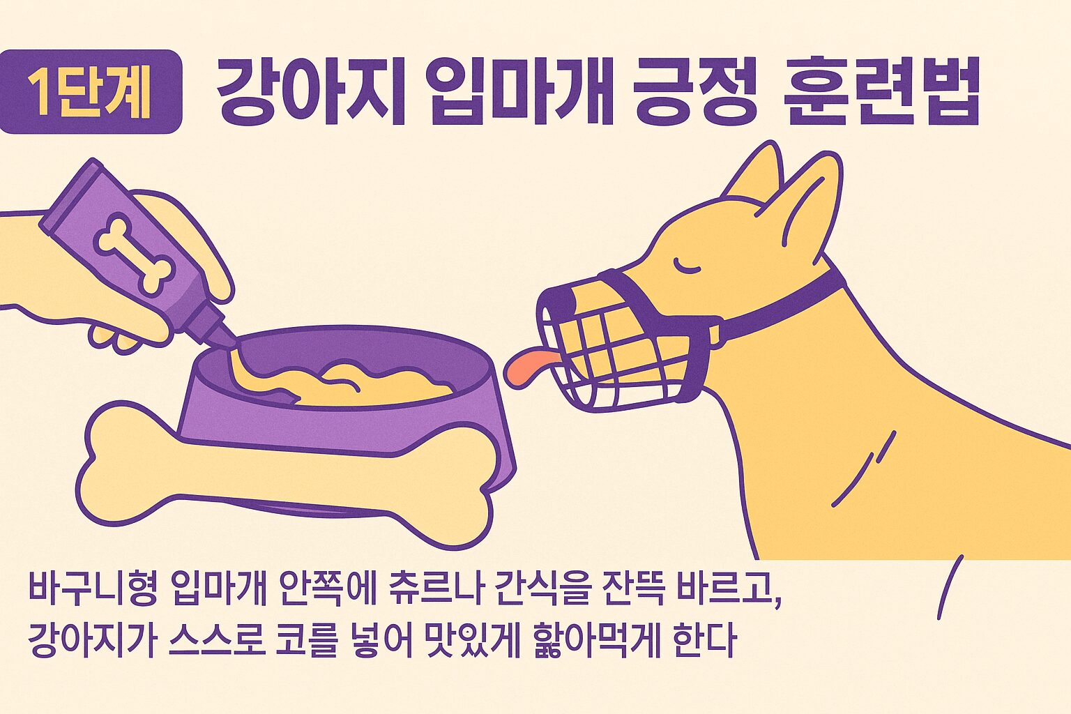 강아지 입마개 긍정 훈련법 1단계: 바구니형 입마개에 간식을 넣어 강아지가 스스로 코를 넣게 하는 모습