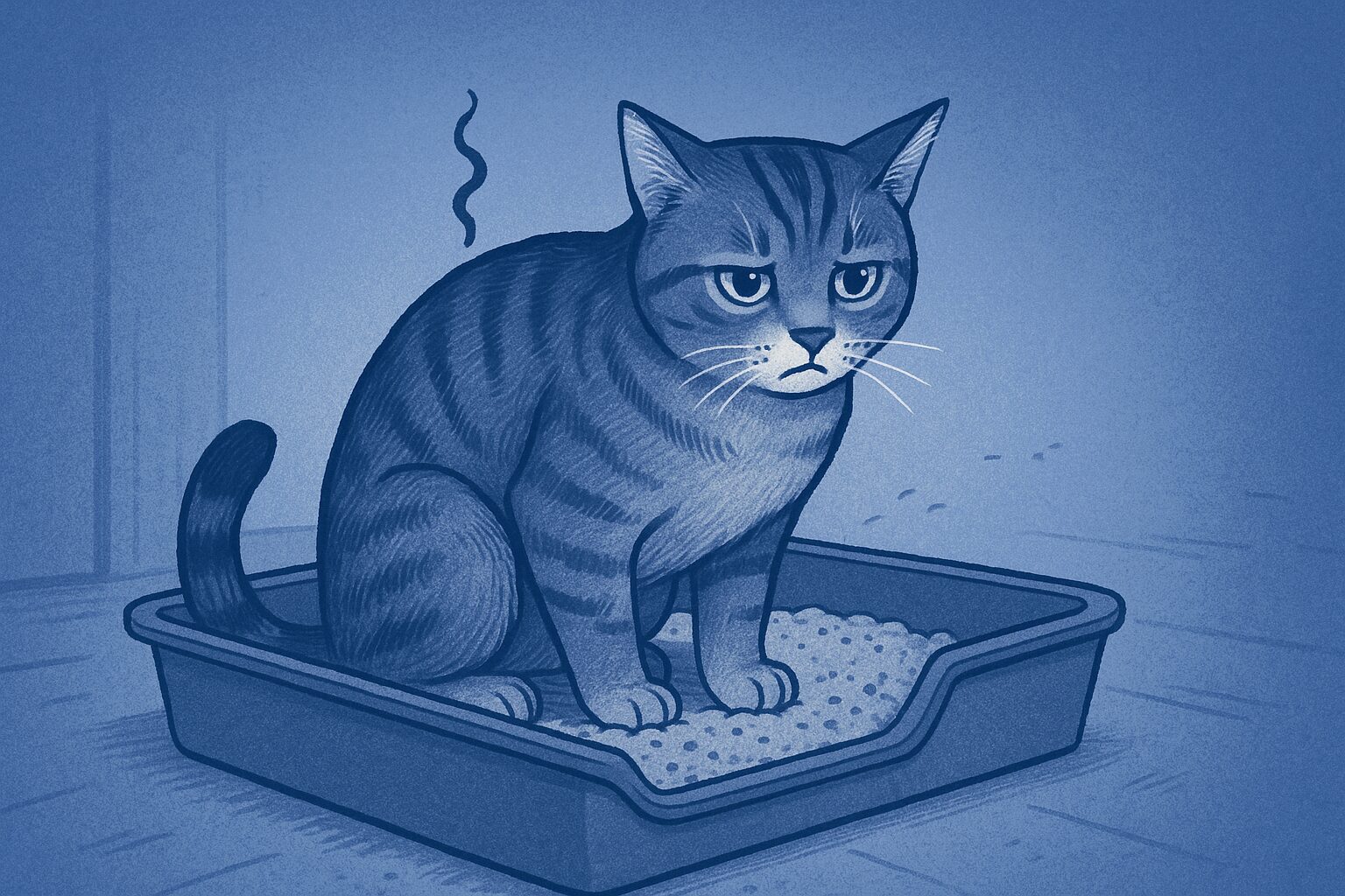 고양이 방광염 증상으로 인해 화장실 모래밭에서 불편한 듯 웅크리고 있는 고양이