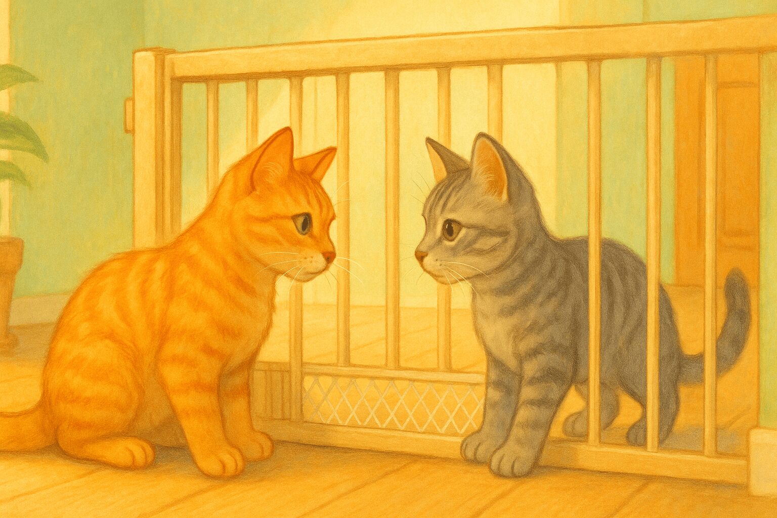 고양이 합사 5단계를 상징하듯, 방묘문(안전 울타리)을 사이에 두고 서로를 조심스럽게 탐색하는 첫째 고양이와 둘째 고양이