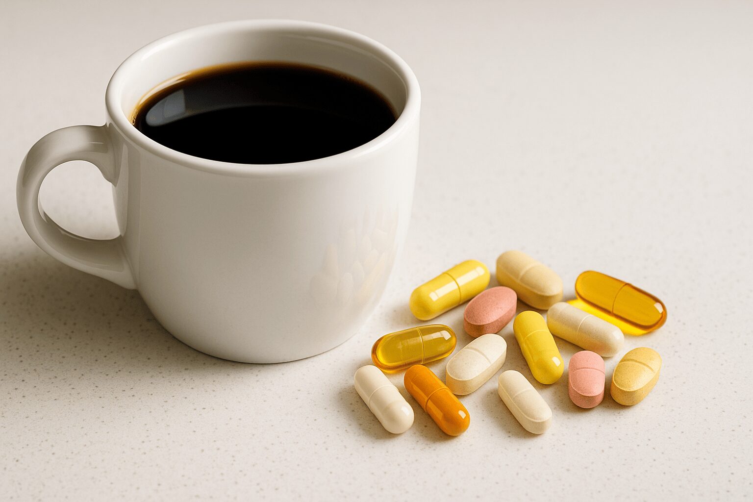빈속 커피와 영양제를 함께 섭취하는 위험한 조합을 상징하는 사진