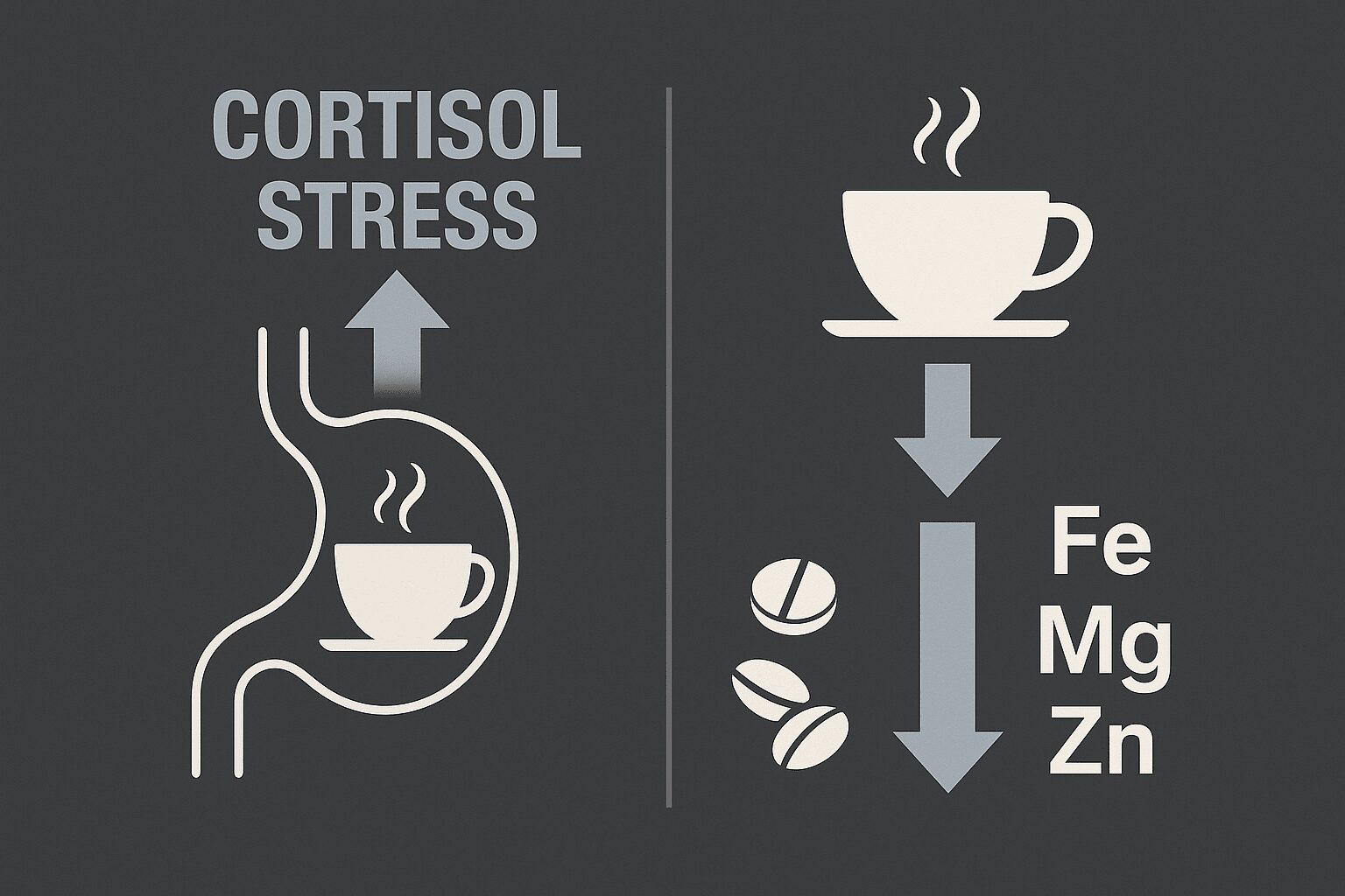 빈속 커피가 코르티솔과 주요 미네랄(마그네슘, 철분) 흡수에 미치는 부정적인 영향 인포그래픽
