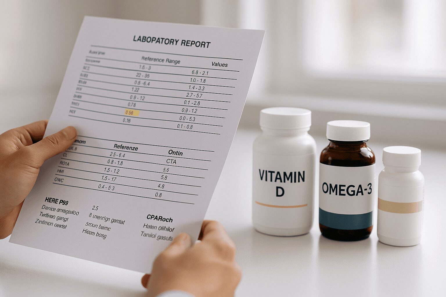 혈액검사 결과로 내 맞춤 영양제 세트를 만드는 과정을 상징하는 사진