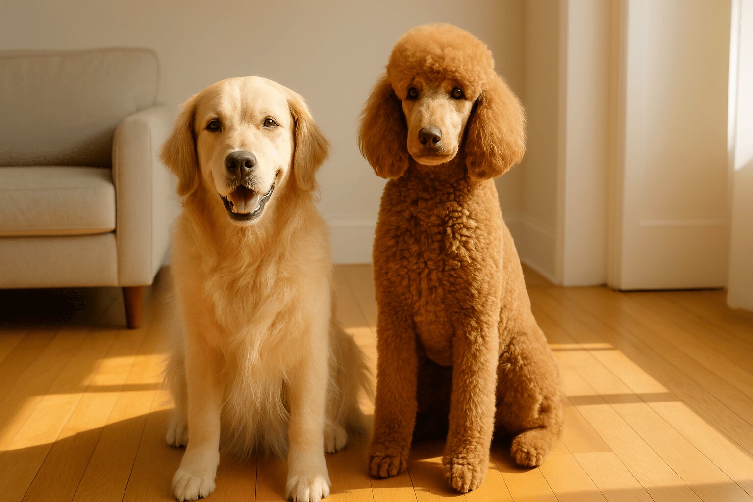 대형견 추천 6종 중 골든 리트리버와 스탠더드 푸들의 친화적인 모습을 담은 사진
