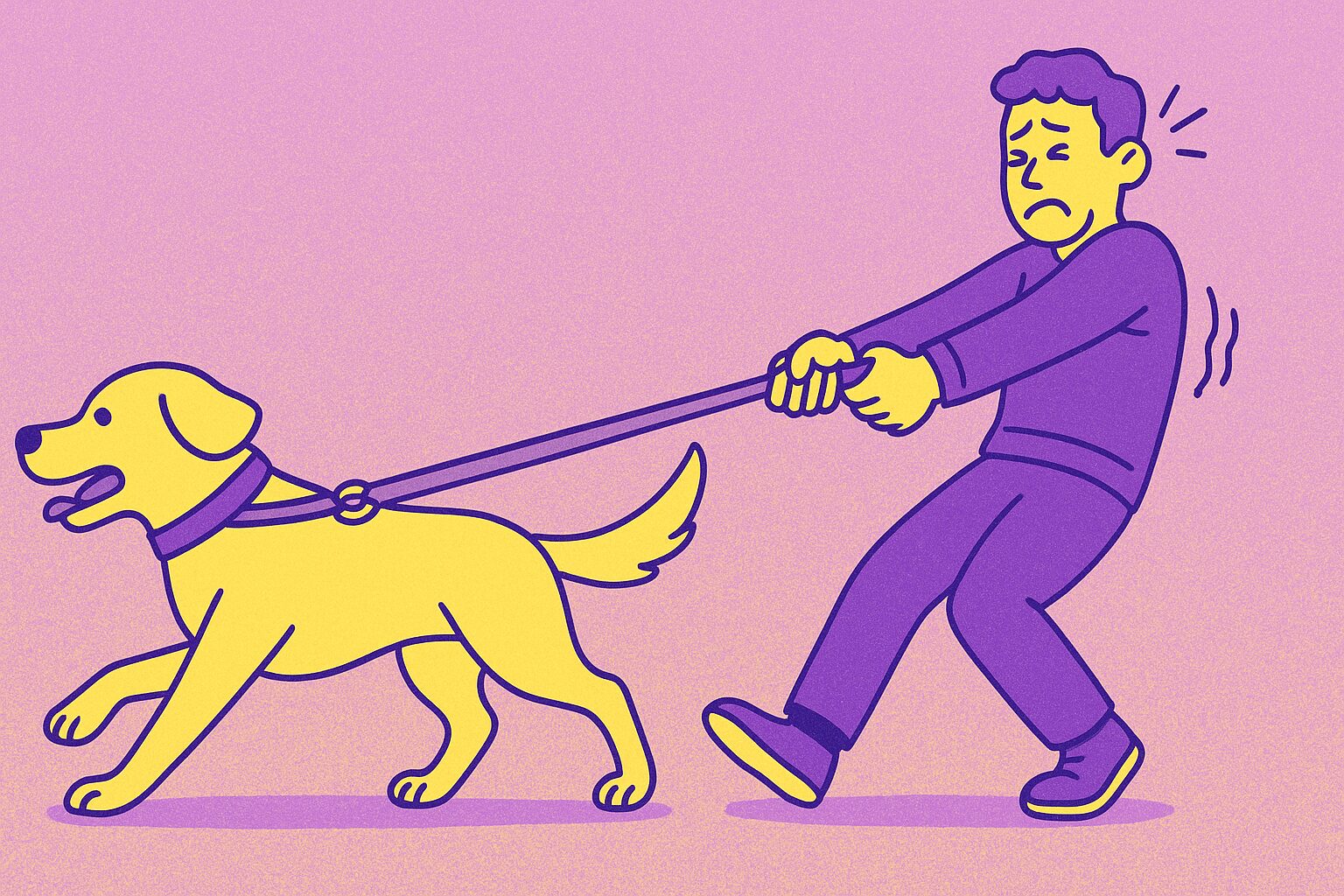 대형견 끄는 버릇 때문에 리드줄을 힘겹게 붙잡고 끌려가는 견주의 모습