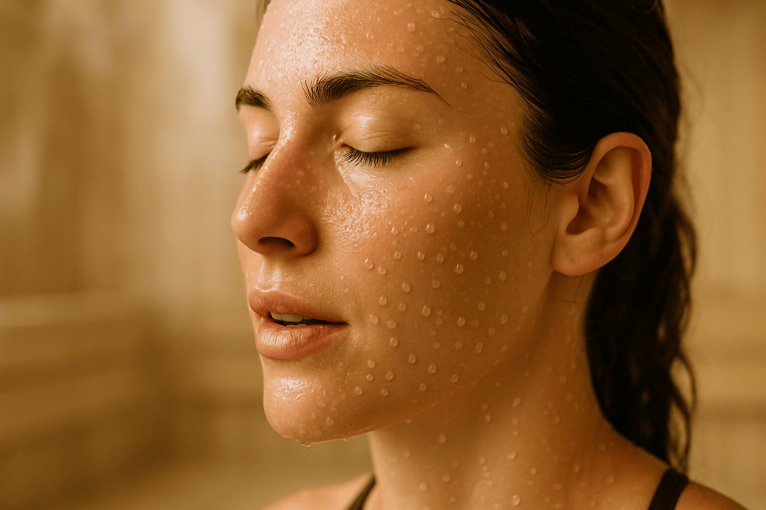 건강한 땀 배출: 독소를 빼주는 진짜 해독 방법 (사우나, 운동 활용법) 건강한 땀 배출을 상징하는, 맑고 깨끗한 땀방울이 맺힌 피부 접사 이미지