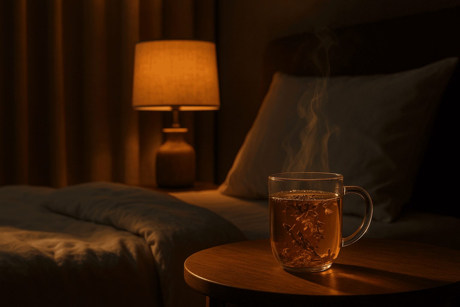 따뜻한 허브티 한 잔과 은은한 조명이 있는 평화로운 침실 풍경
