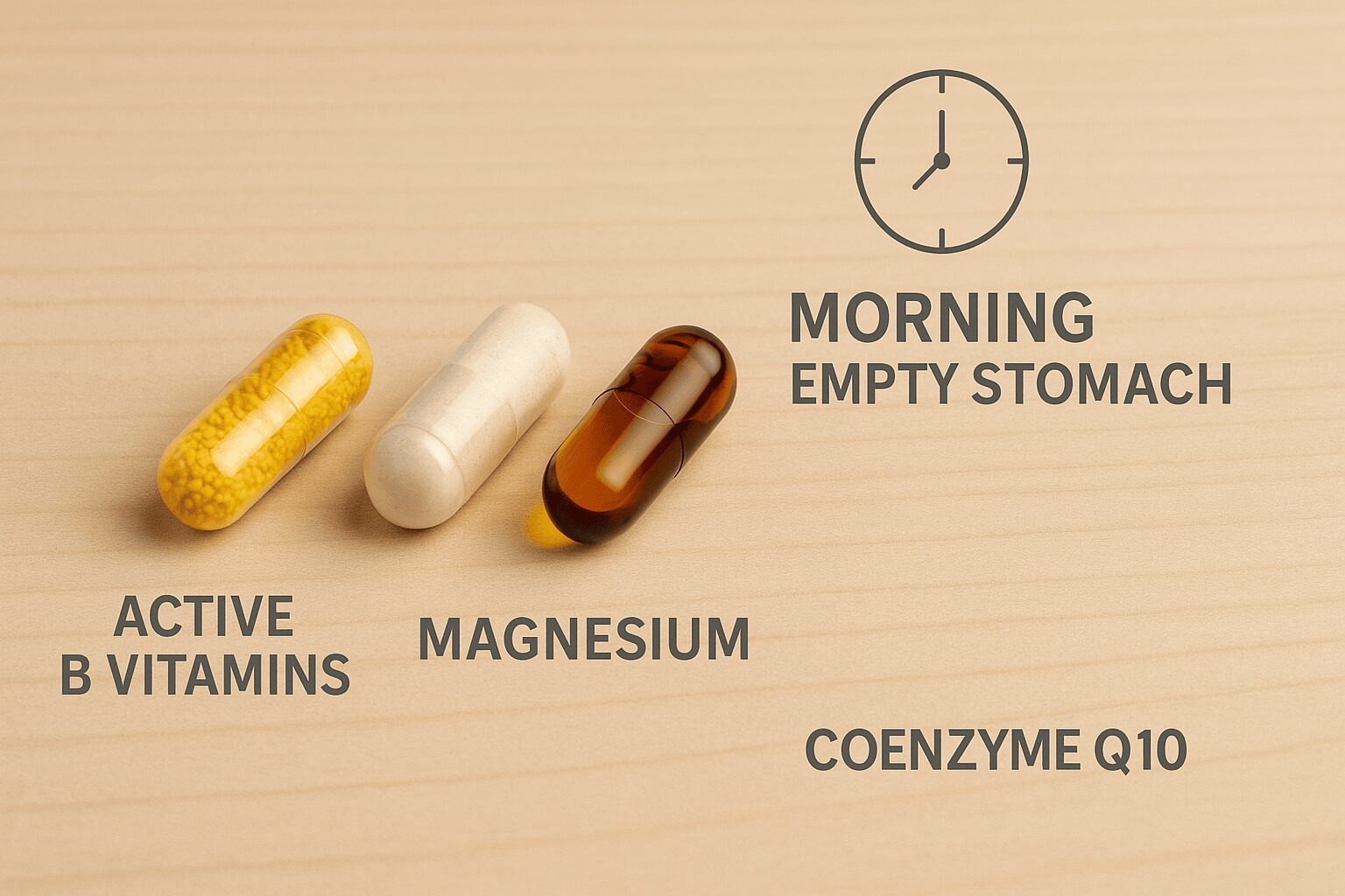 40대 남성 만성피로 | 아침 공복에 먹어야 효과 200%! 맞춤 영양제 조합 TOP 3 40대 남성 만성피로 해결을 위한 활성형 비타민 B군, 마그네슘, 코엔자임 Q10 캡슐이 놓여 있는 이미지와 아침 공복 복용 시간 표시