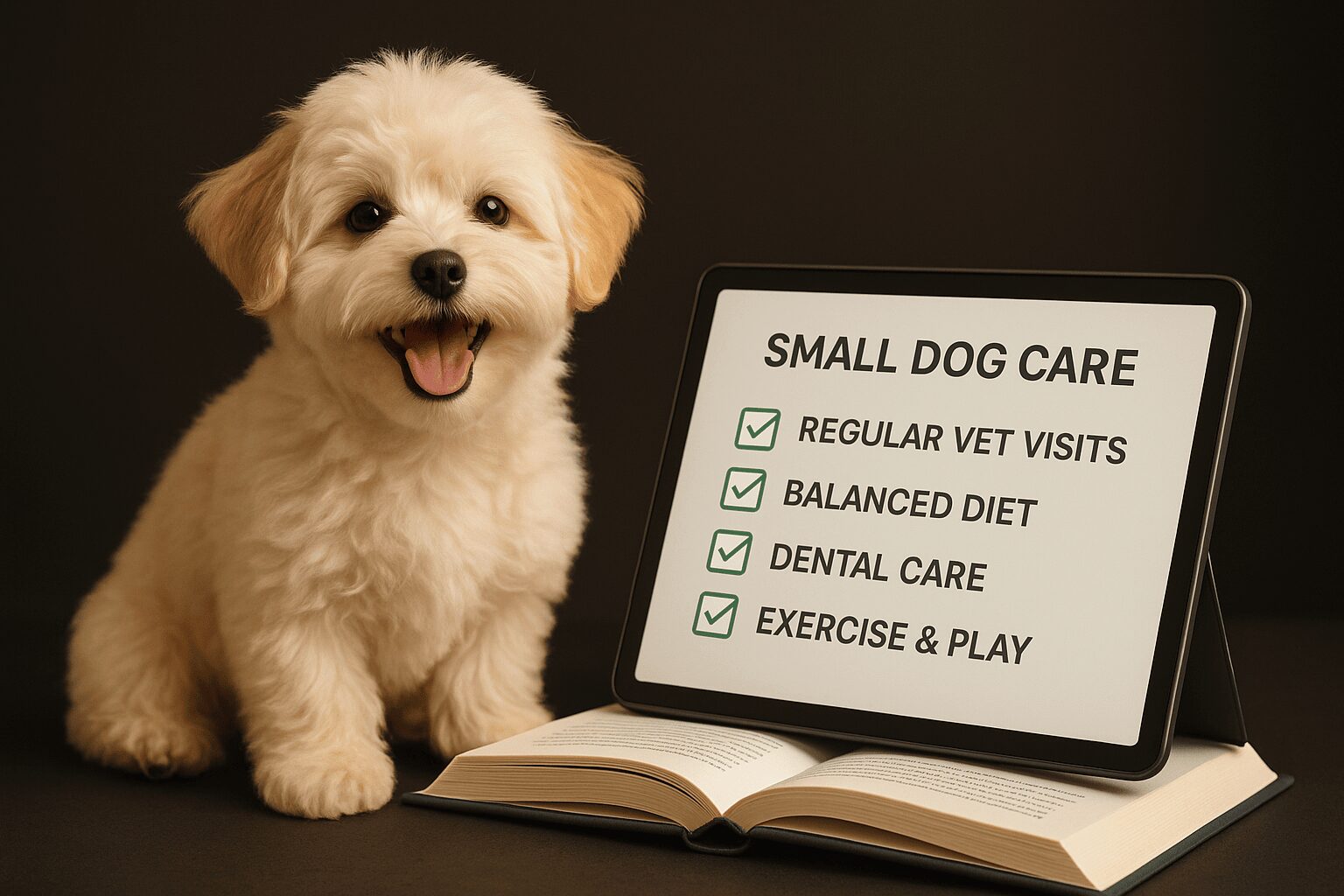 말티푸 강아지가 웃고 있는 모습과 소형견 키우기 가이드라인 이미지