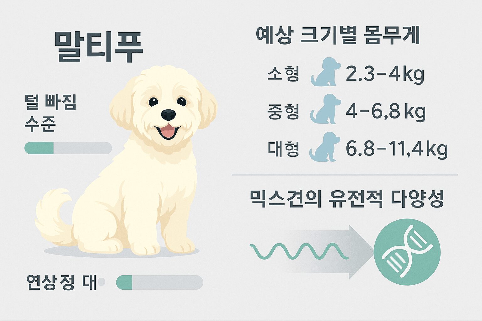 말티푸의 털빠짐 수준과 예상 크기별 몸무게, 믹스견의 유전적 다양성을 보여주는 인포그래픽