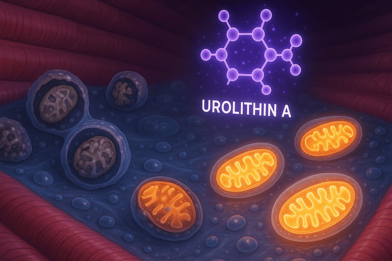미토콘드리아 자가 복구를 돕는 유롤리틴 A의 작용 원리 일러스트