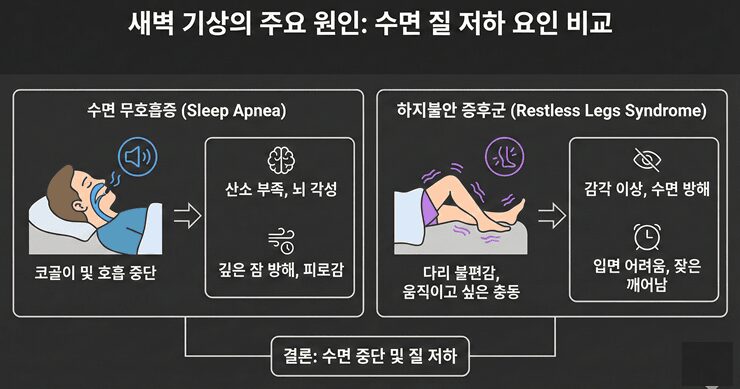 새벽에 깨는 이유 중 수면 무호흡증, 하지불안 증후군 등 수면의 질 저하 요인 비교