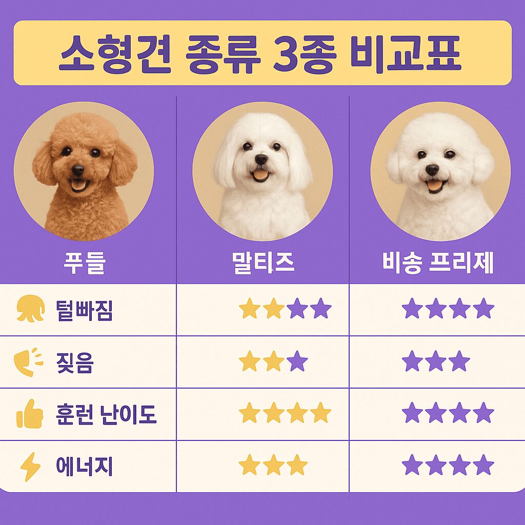 소형견 종류, '이것' 모르고 키우면 100% 후회합니다 (푸들 vs 말티즈 vs 비숑 완벽 비교) 소형견 종류 3종(푸들, 말티즈, 비숑)의 털빠짐, 짖음, 훈련 난이도를 비교하는 인포그래픽