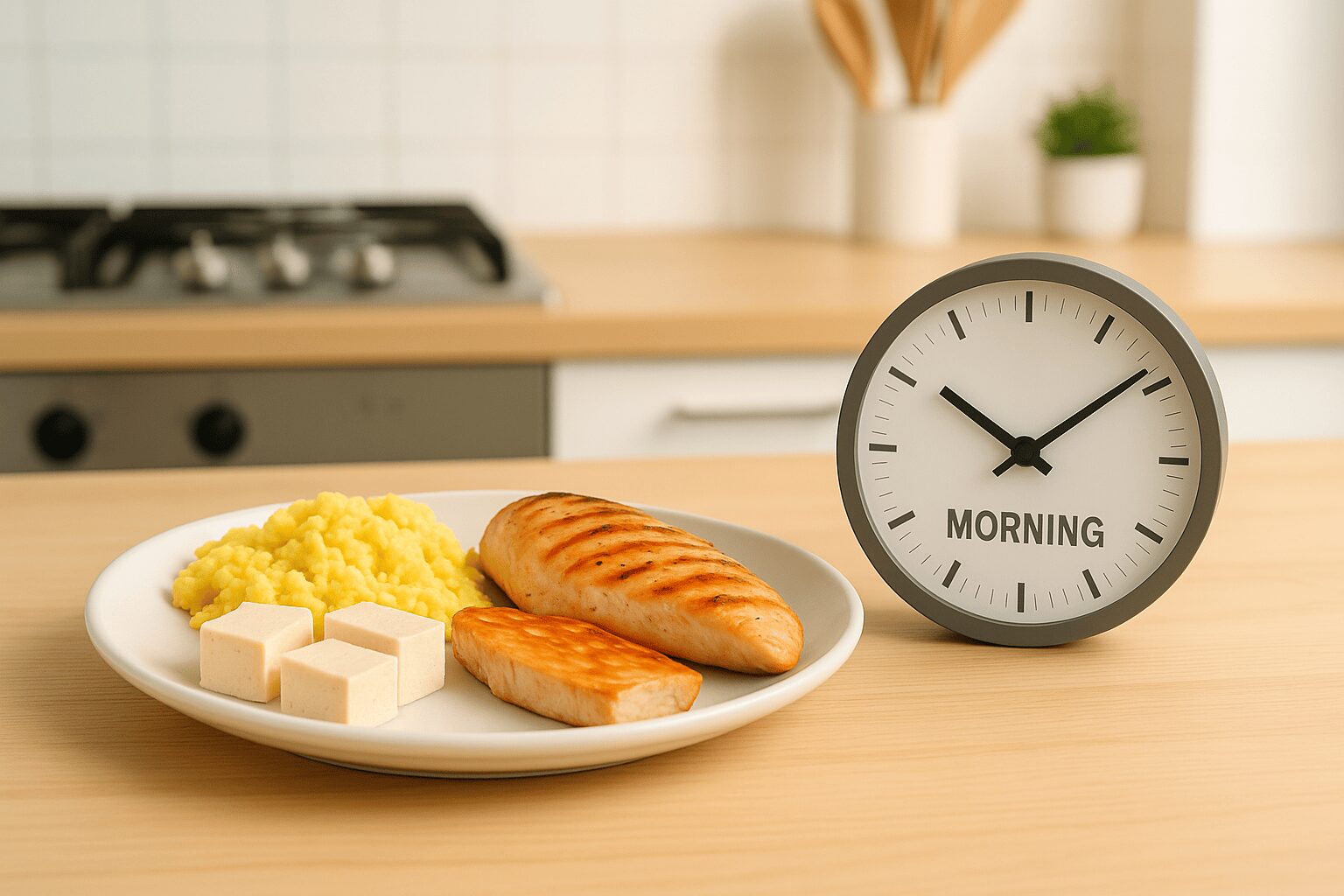 50대 근손실 방지를 위한 아침 식탁 위에 놓인 달걀, 닭가슴살 등 고단백 식품과 단백질 타이밍 시계 이미지