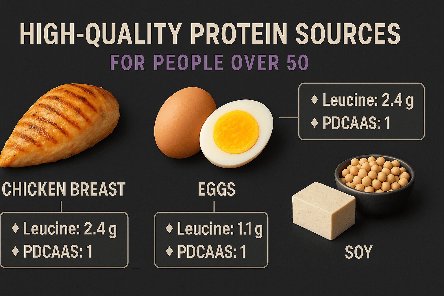 50대 근손실 방지를 위해 류신이 풍부한 닭가슴살, 달걀, 콩류 등 양질의 단백질 식품 이미지