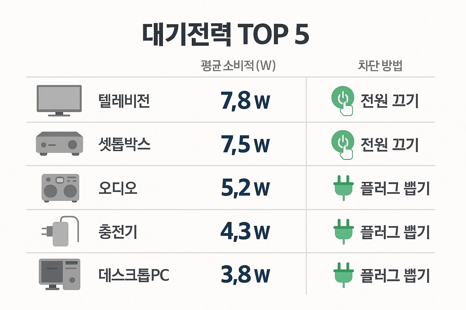 대기전력 차단 | 안 쓰는 전기요금 0원으로! 의외의 가전제품 TOP5 대기전력 차단 방법을 위한 TOP 5 순위 인포그래픽, 셋톱박스, 인터넷 모뎀, TV 등이 순위에 포함됨