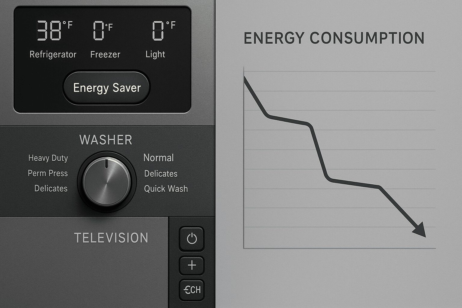 에너지 절약 | 가전제품 '숨은 설정' 10가지로 전기요금 30% 줄이는 법 에너지 절약을 위한 가전제품의 숨겨진 절약 설정 버튼과 절약 그래프 이미지