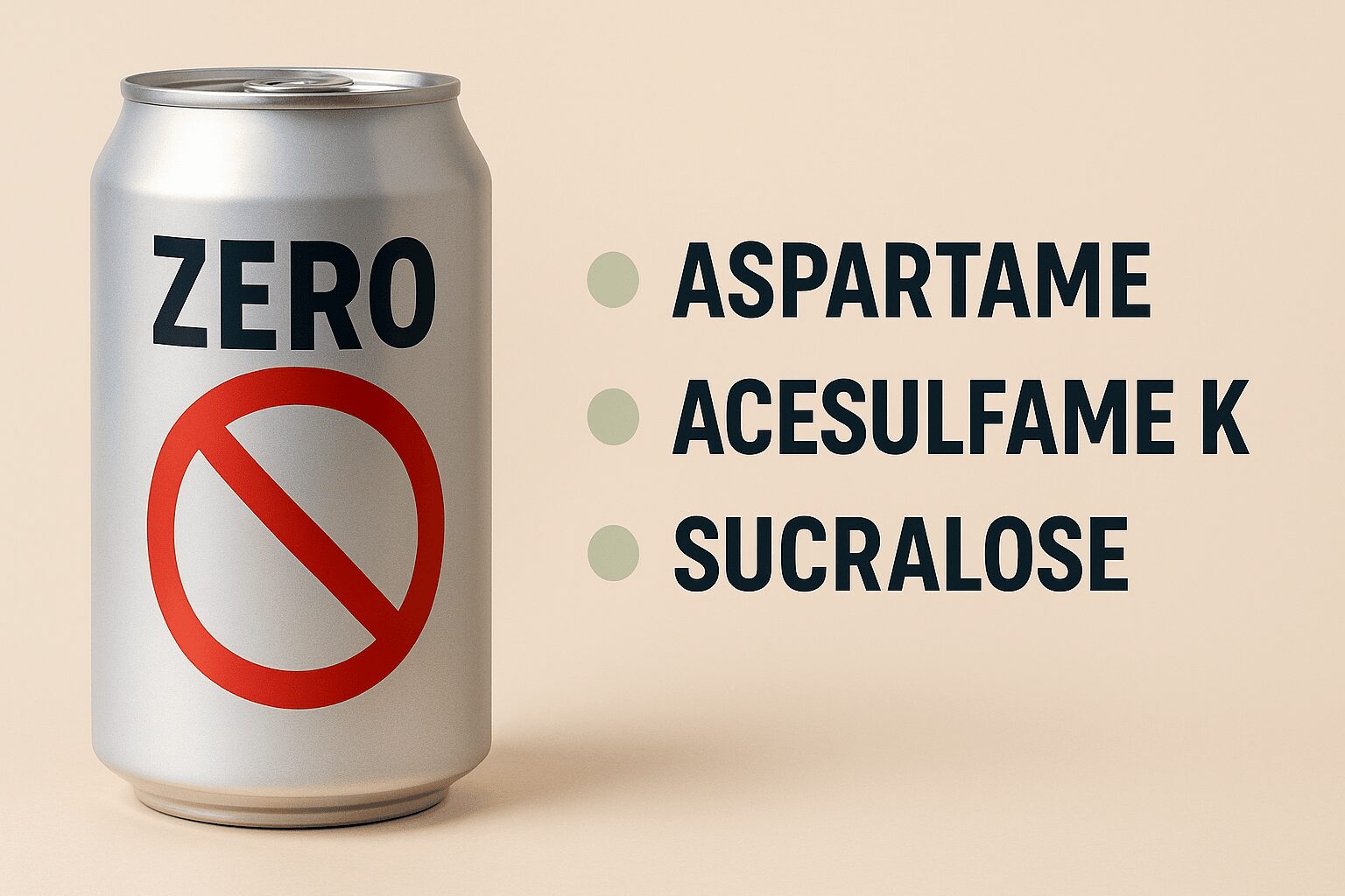 제로 음료 캔에 금지 표시가 붙어 있고, 인공 감미료 성분들이 강조된 이미지