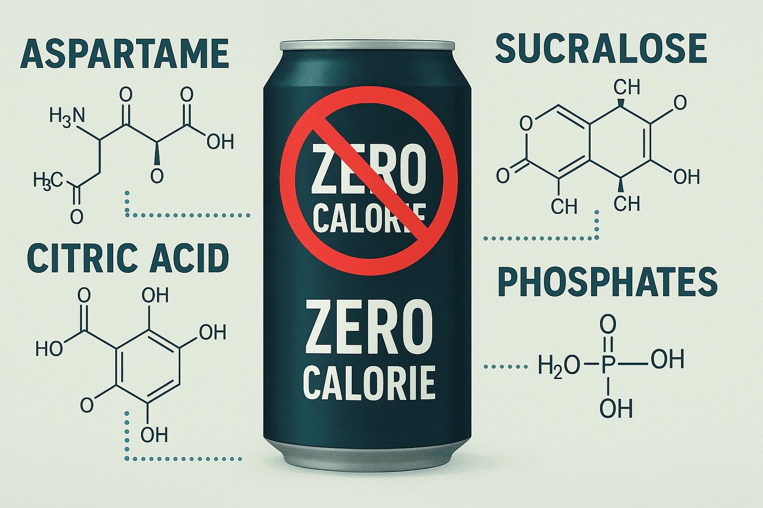 제로 음료 속 아스파탐, 수크랄로스, 구연산, 인산염 등의 성분 구조가 강조된 인포그래픽