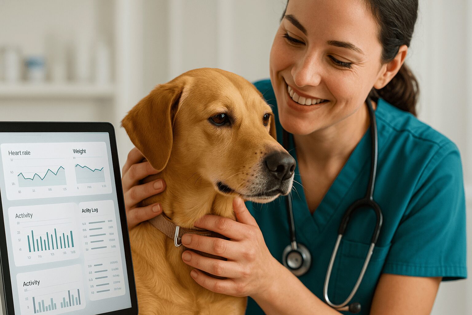 수의사가 웃으며 강아지를 진찰하는 모습과 펫케어 기술이 보이는 반려동물 트렌드 실사 사진