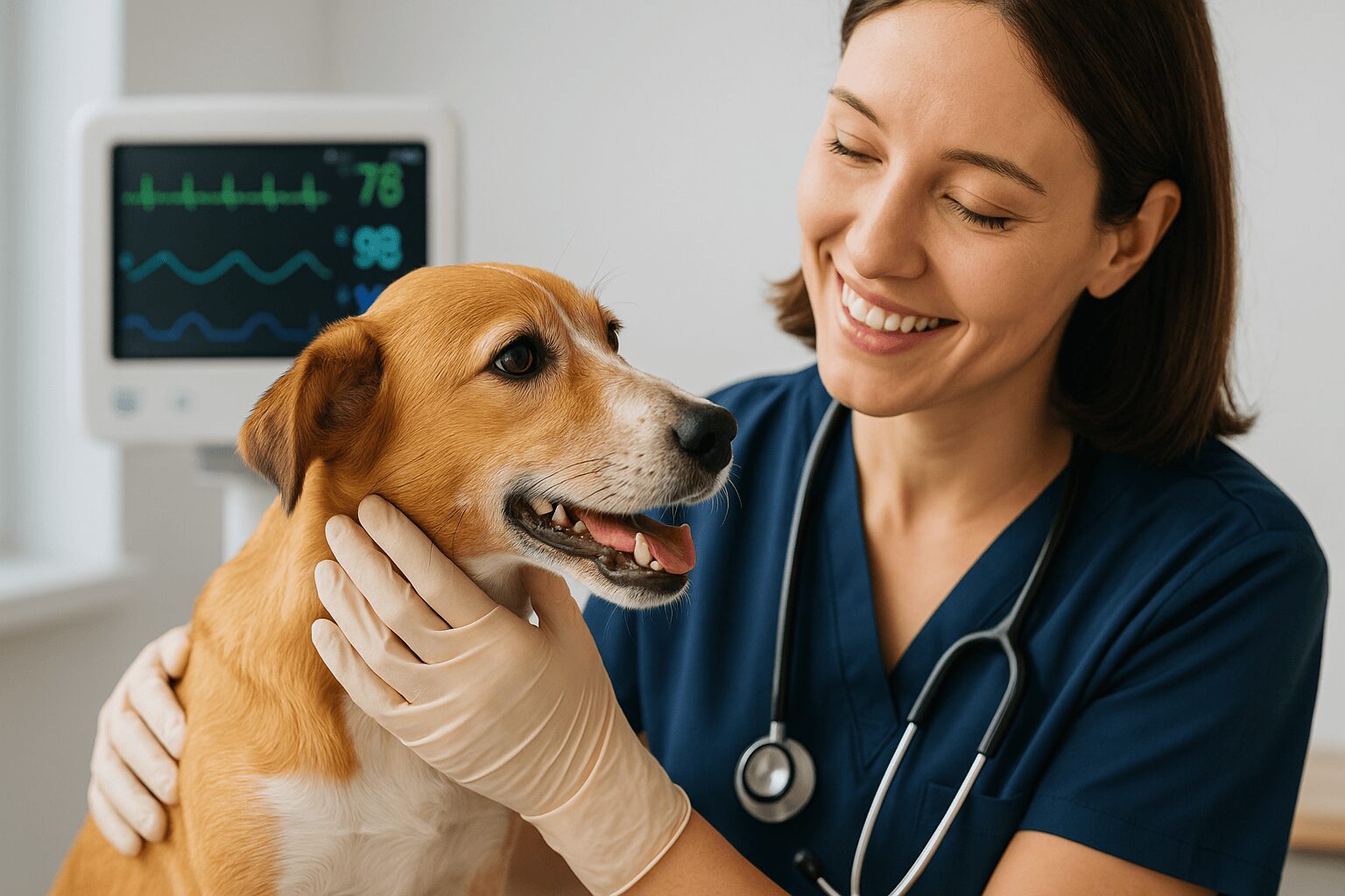 수의사가 웃으며 강아지를 진찰하는 모습과 펫케어 기술이 보이는 반려동물 트렌드 실사 사진